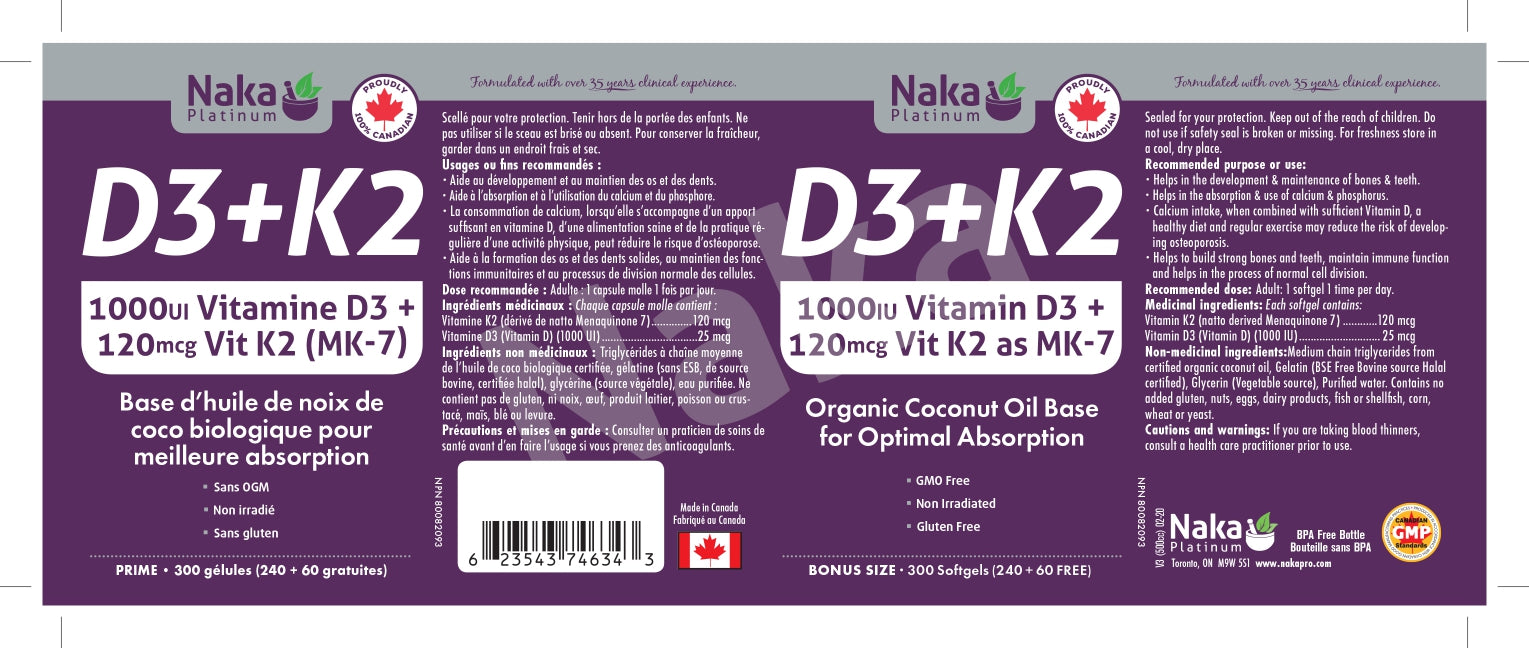 Naka Platinum D3+K2 1000 IU 240+60 Softgels