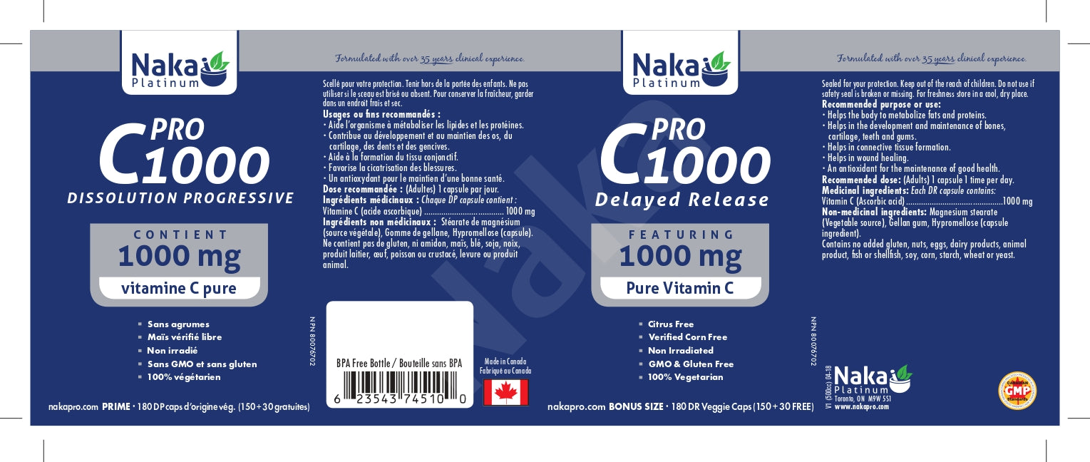 Naka Platinum PRO C1000 Delayed Release 180 Veggie Caps