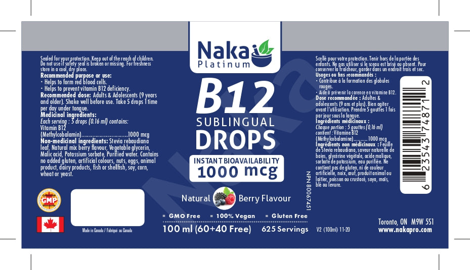 Naka Platinum B12 Sublingual Drops 1000mcg 60+40mL