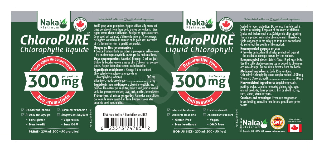 Naka Platinum ChloroPURE (Liquid Chlorophyll) 300mg Unflavoured 250mL