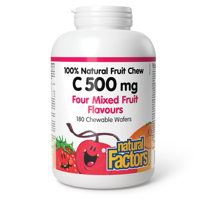 Natural Factors C 500 mg 100% Natural Fruit Chew 500 mg 180 Chewable Wafers Four Mixed Fruit Flavours