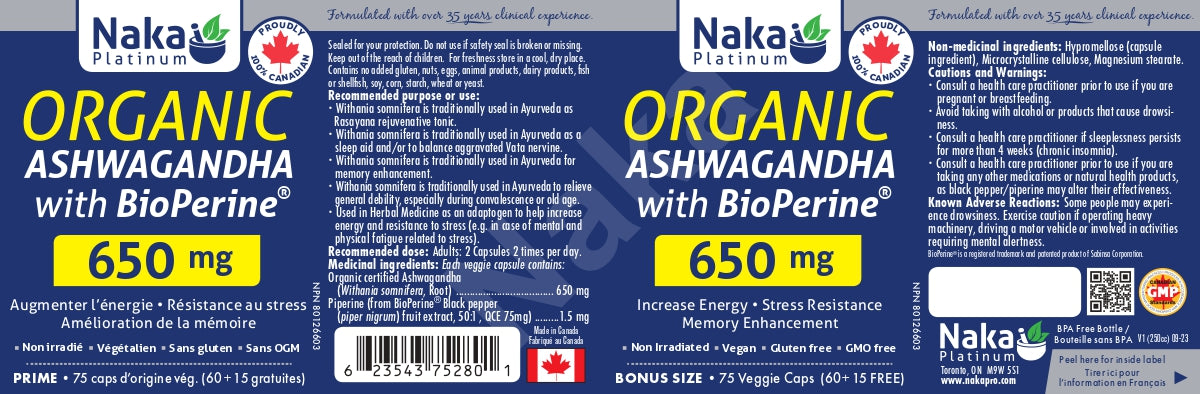 Naka Platinum Organic Ashwagandha with BioPerine 75 Veggie Caps