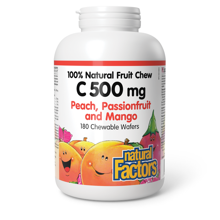 Natural Factors C 500 mg 100% Natural Fruit Chew 500 mg 180 Chewable Wafers Peach, Passionfruit and Mango