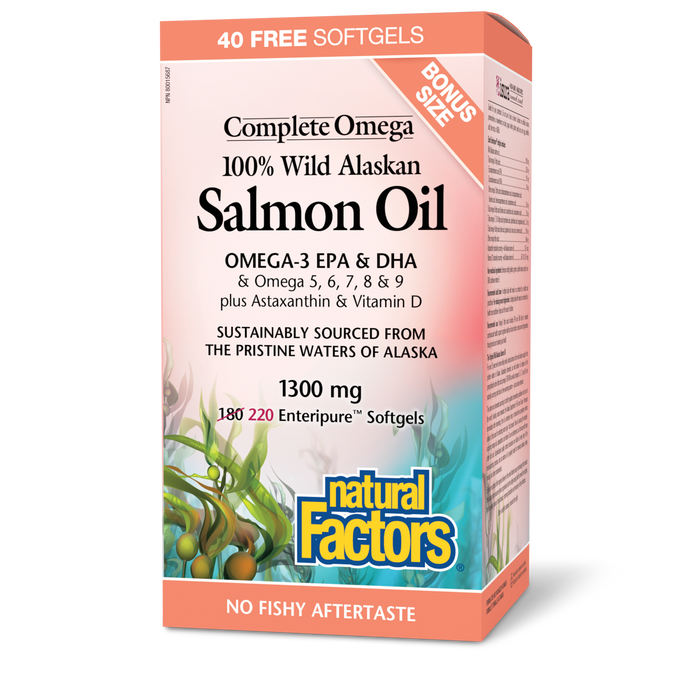 Natural Factors Complete Omega 100% Wild Alaskan Salmon Oil 1300 mg 220 Enteripure® Softgels