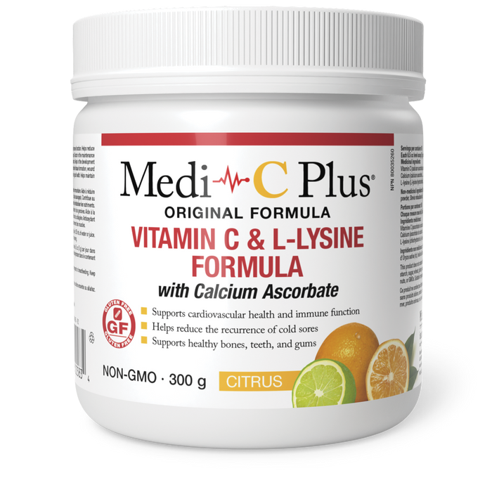 Medi-C Plus Vitamin C & L-Lysine Formula with Calcium Ascorbate 300 g Powder Citrus