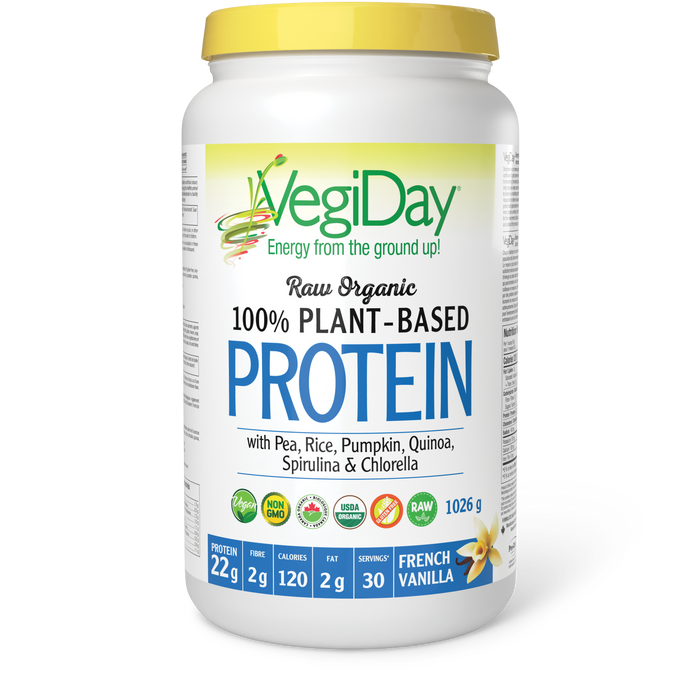 VegiDay Raw Organic Plant-Based Protein with Pea, Rice, Pumpkin, Quinoa, Spirulina & Chlorella 1026 g Powder French Vanilla