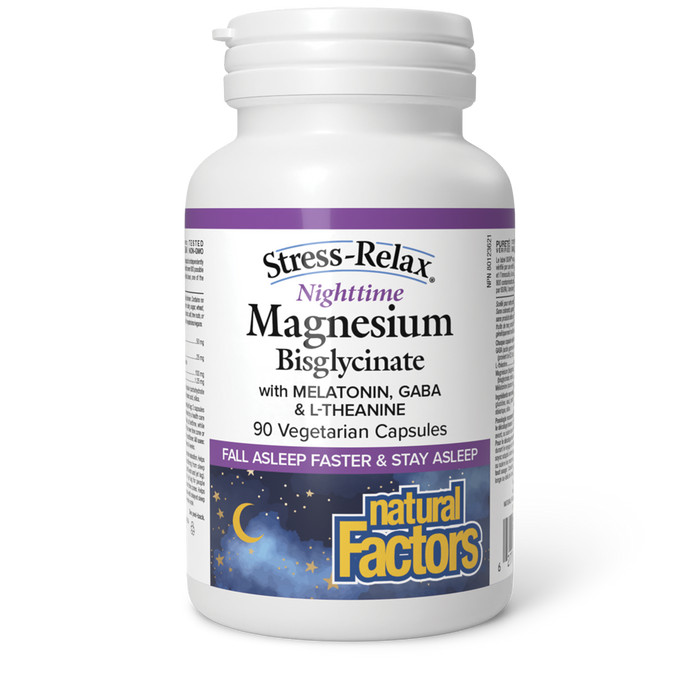 Natural Factors Nighttime Magnesium Bisglycinate with Melatonin, GABA & L-Theanine  90 Vegetarian Capsules