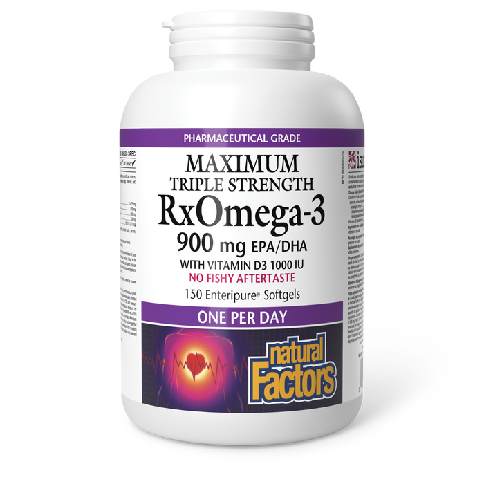 Natural Factors RxOmega-3 with Vitamin D3 Maximum Triple Strength 900 mg 150 Enteripure® Softgels