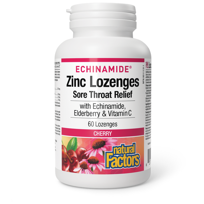 Natural Factors Zinc Lozenges  with Echinamide, Elderberry & Vitamin C   60 Lozenges Cherry