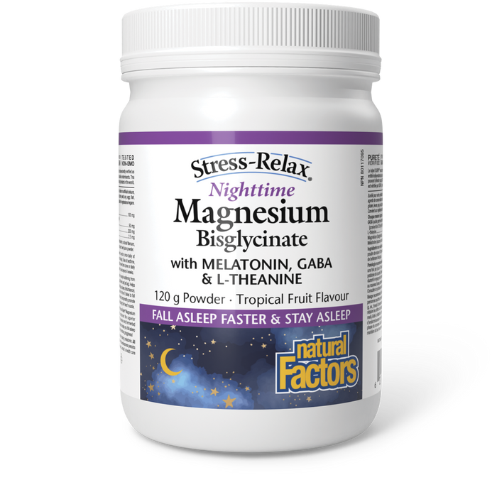 Natural Factors Nighttime Magnesium Bisglycinate with Melatonin, GABA & L-Theanine  120 g Powder Tropical Fruit